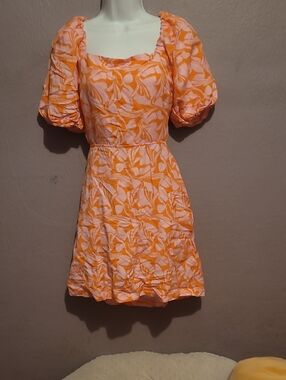 LOFT Orange Floral Puff-Sleeve Mini Dress